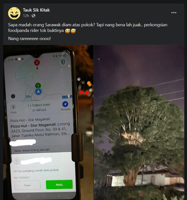 Hantar Makanan Ke Rumah Atas Pokok, Rider Terima Pesanan Di Sibu Ini Buat Netizen Geli Hati