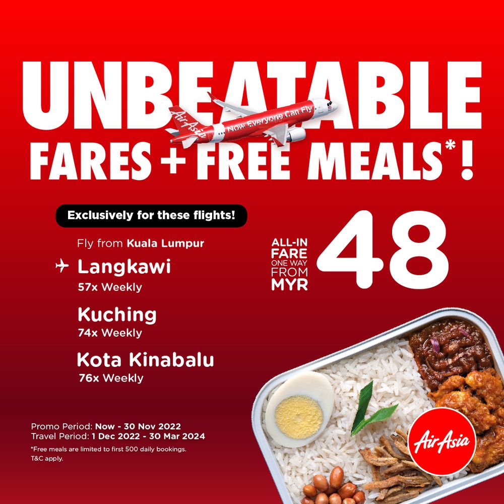 Promosi Kaw-kaw, Air Asia Lancar Tambang Murah RM 21 Ke Kuching Dan KK Siap Pakej 'Free Meals'