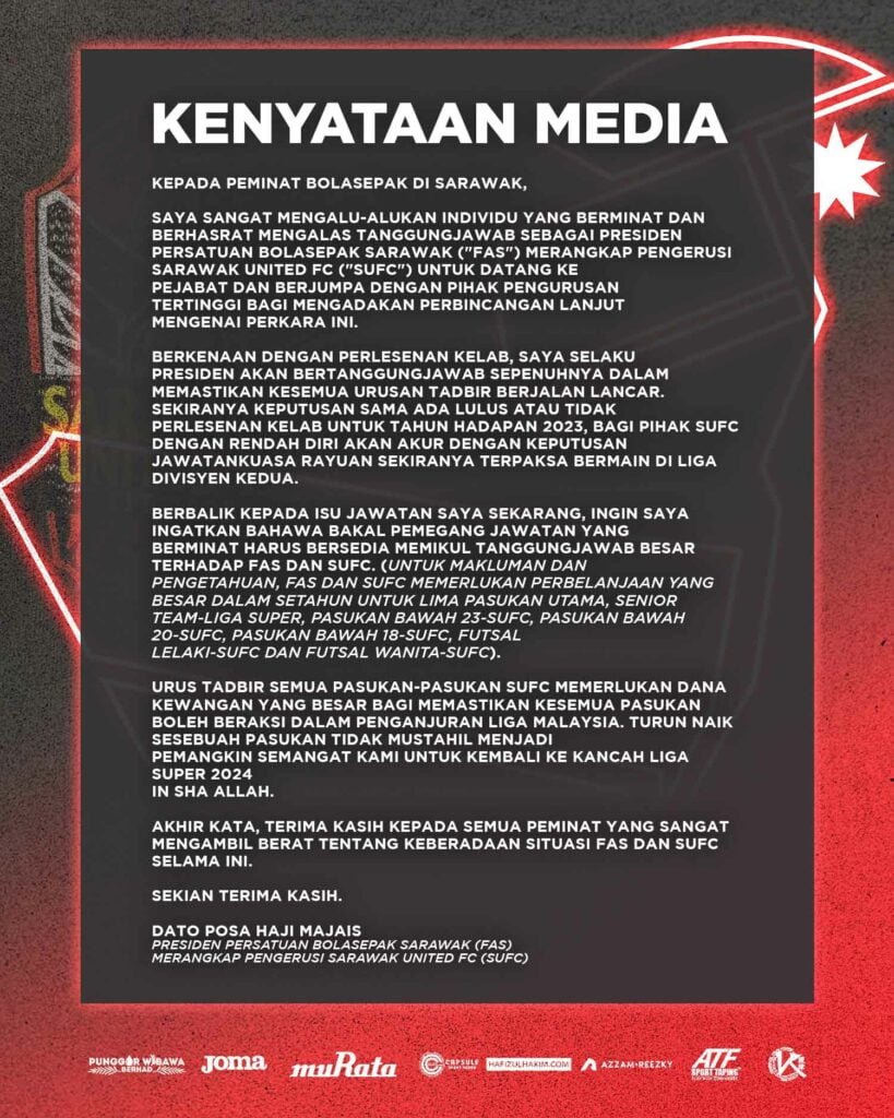 Pengerusi Sarawak United Akhirnya Sedia Undur Diri, Cari Pengganti Untuk Ambil Alih Jawatan
