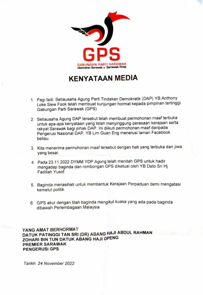 TERKINI: GPS Menerima Permohonan Maaf DAP Dengan Hati Terbuka