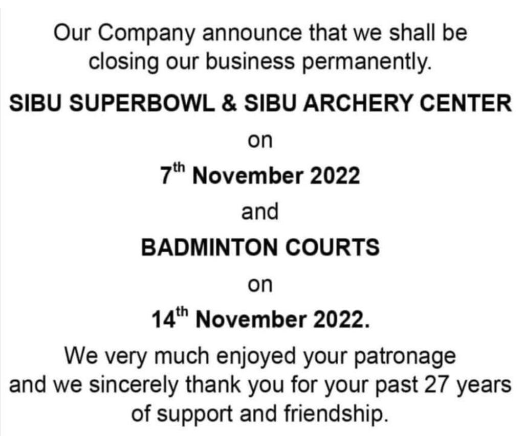 Selepas 27 Tahun, Superbowl Dan Pusat Memanah Sibu Umum Penutupan Operasi Sepenuhnya