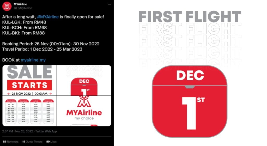 Tawar Tiket Murah Ke Kuching, Kota Kinabalu Dan Langkawi, MYAirline Mula Operasi Pada 1 Disember