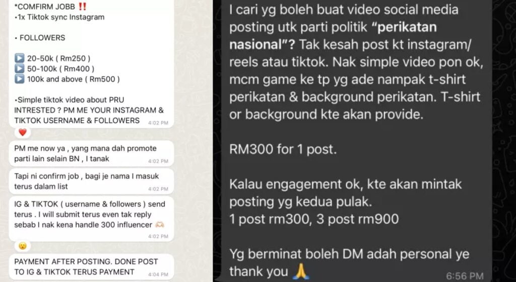 Dibayar RM500, Netizen Dakwa BN & PN Bayar TikToker Buat 'Paid Review' Untuk Pancing Pengundi