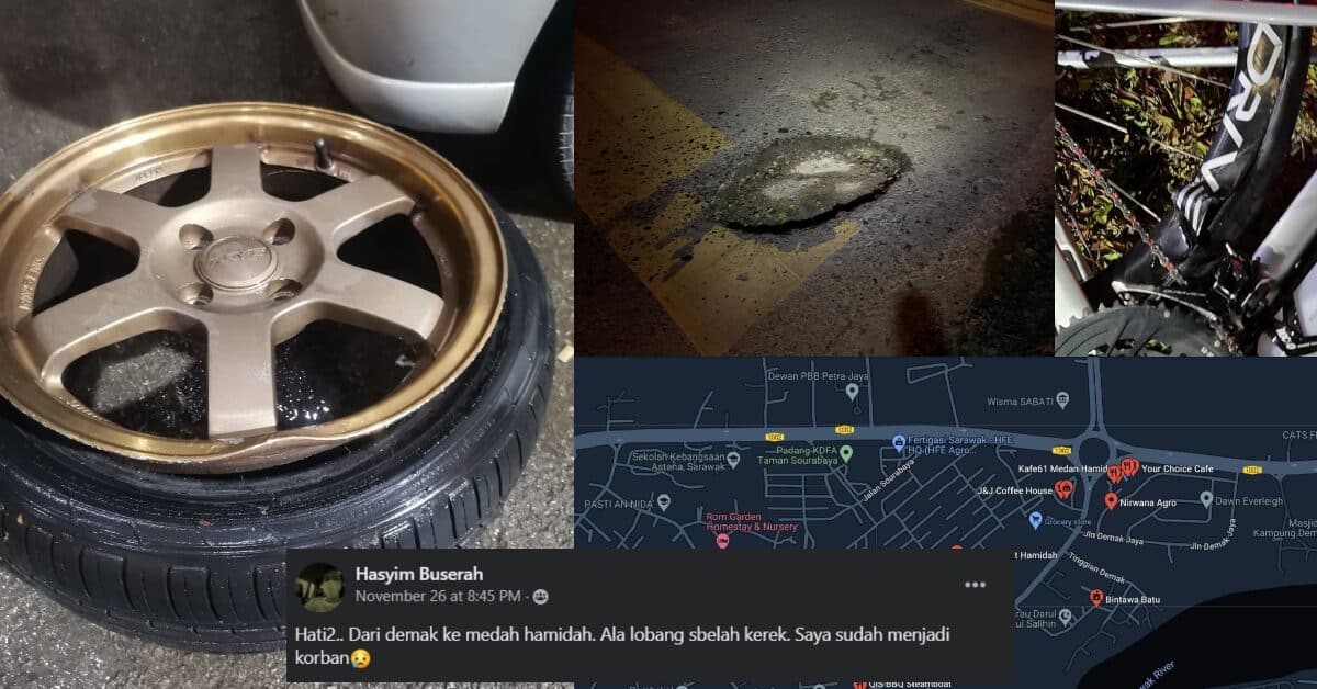 'Habis Rosak Rim', Netizen Mengadu Jalan Berlubang Di Jalan Demak Petra Jaya Undang Bahaya