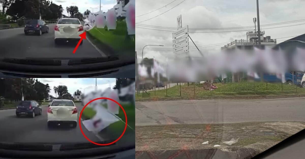 Pacak Bendera Tak Kena Tempat Di Bulatan Kuching, Rakaman Dashcam Ini Undang Geram Netizen