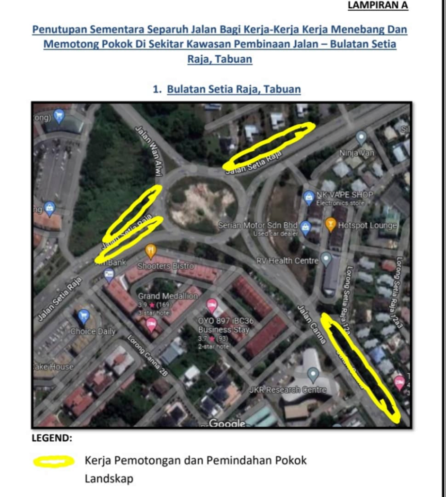 Penutupan Separuh Jalan Bagi Kerja Memotong Pokok Di Bulatan Jalan Setia Raja Mulai 27 Nov - 4 Dis
