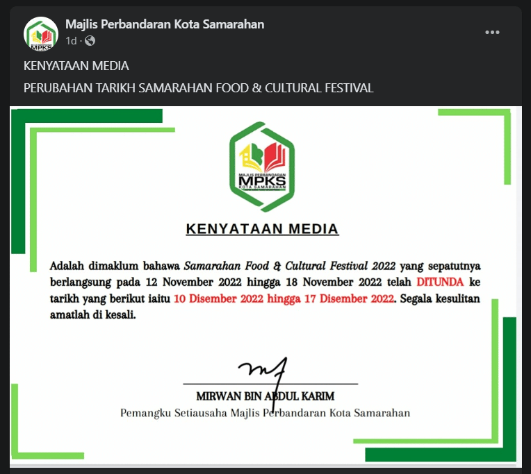 Festival Makanan Dan Kebudayaan Samarahan Ditangguh Ke 10 Disember Ini