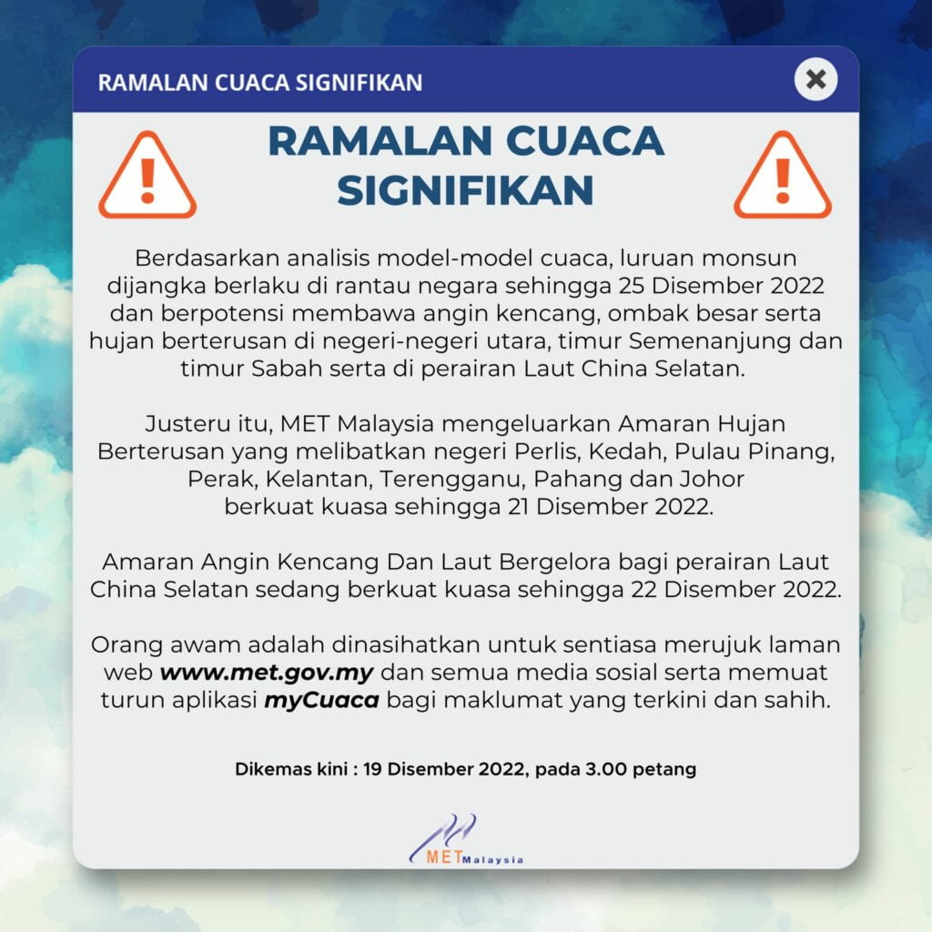Timur Sabah Dan Semenanjung Dijangka Ribut Monsun Yang Berterusan Hingga 25 Disember Ini