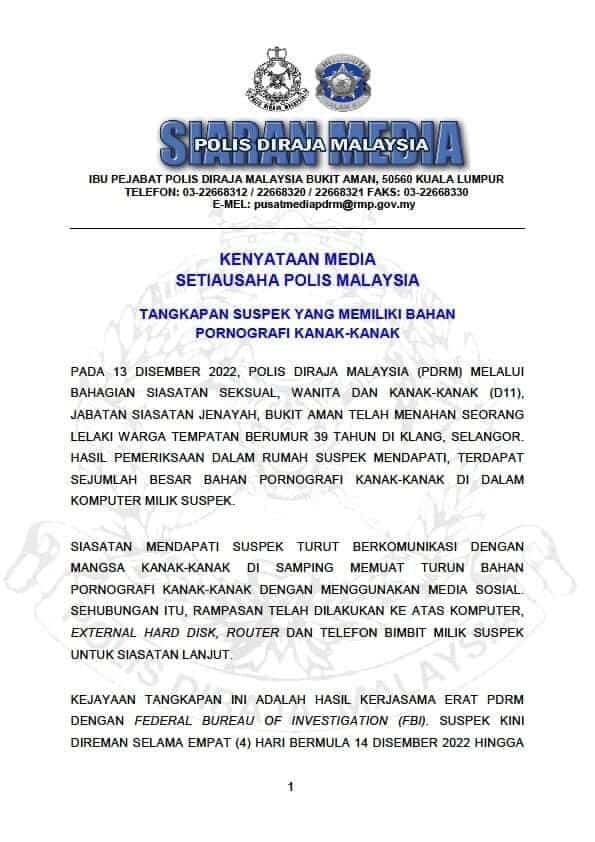 Lelaki Selangor Miliki Bahan Porno Kanak-Kanak Ditahan PDRM Dan FBI