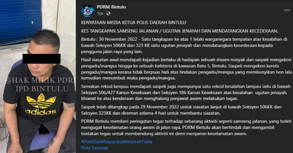 Ugut, Pukul Pengguna Jalan Raya Kerana Di Hon, Lelaki Dari Bintulu Ini Direman 4 Hari