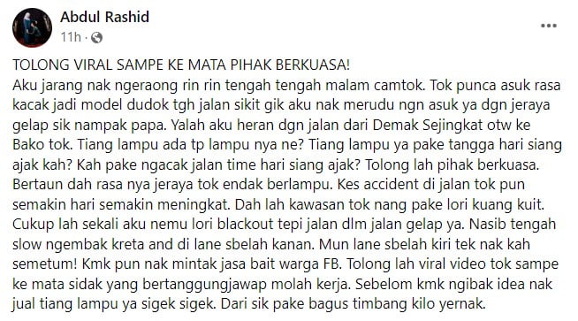 Nyaris 'Accident' Di Sejingkat, Netizen Berang Jalan Gelap Tanpa Lampu Jadi Punca