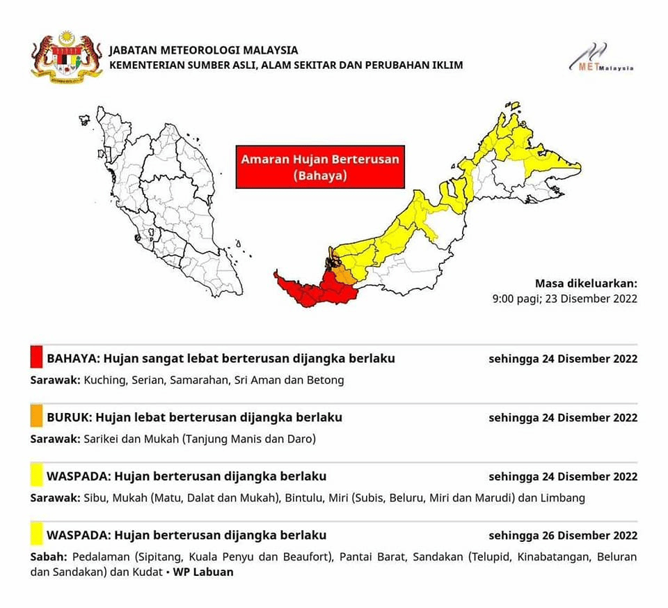 Hujan Lebat Berterusan, Beberapa Kawasan Di Sarawak Dikhuatiri Banjir