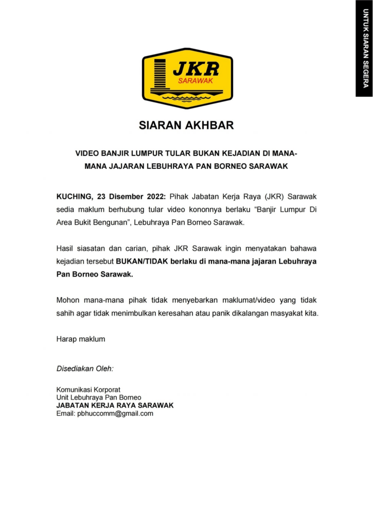 Tular Video Palsu Banjir Lumpur Di Lebuhraya Pan Borneo, JKR Keluarkan Kenyataan