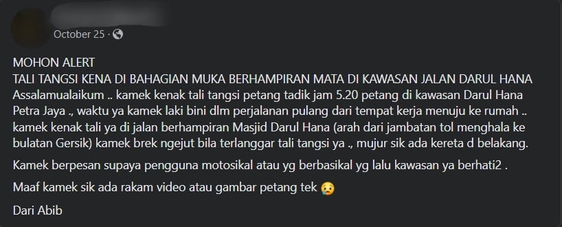 Ramai Terkena, Tali 'Gudi' Bersepah Hampir Jerut Leher Di Kawasan Masjid Darul Hana