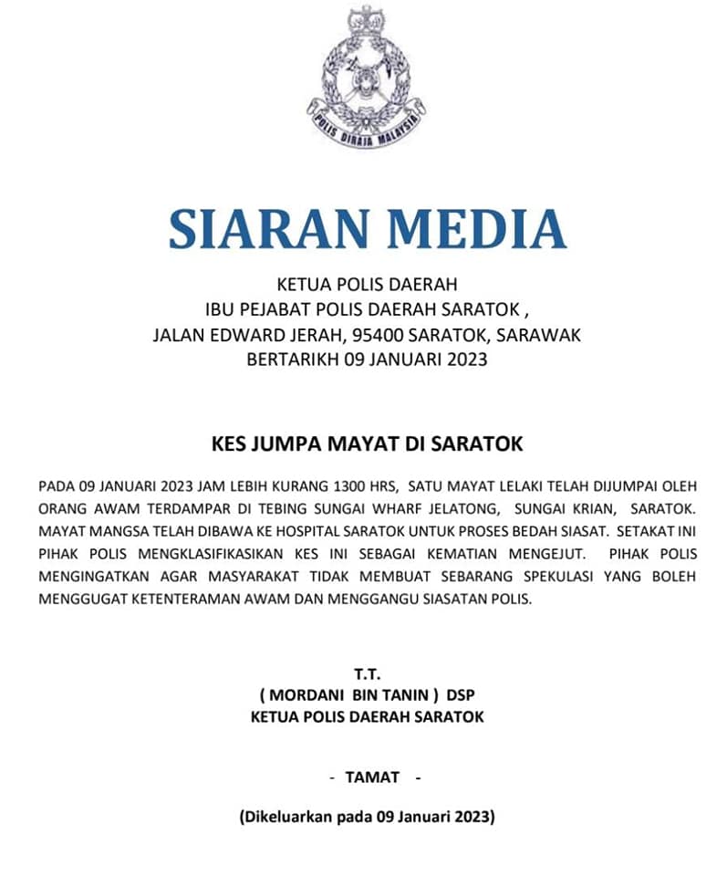 Mayat Lelaki Ditemui Terdampar Di Saratok, Kes Diklasifikasi Sebagai Mati Mengejut