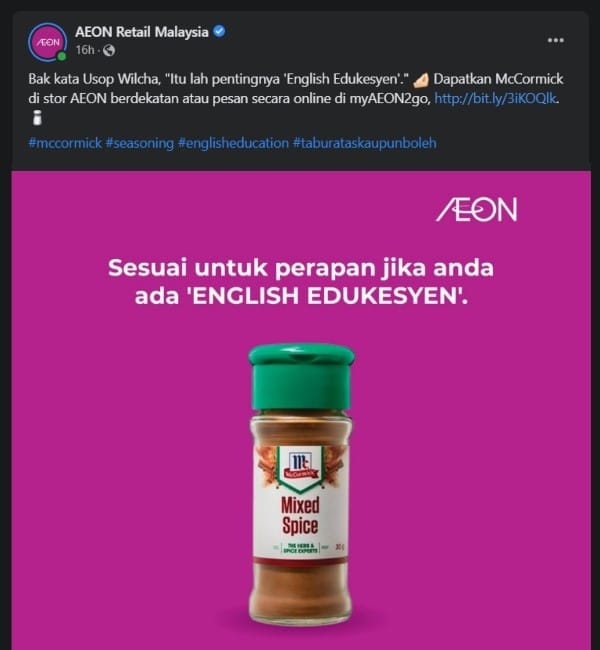 Tiktoker Dakwa Rempah Mengandungi Babi, AEON 'Bahan' Betapa Pentingnya Belajar Bahasa Inggeris