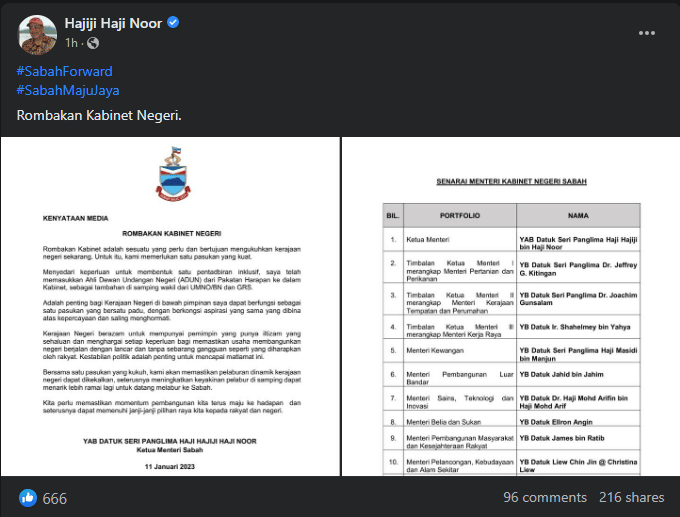 Bung Moktar Digugurkan, Kabinet Negeri Dirombak Bagi Kukuhkan Kerajaan Sabah