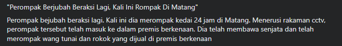 Rompak Kedai 24 Jam Di Matang, Perompak Berjubah Bersenjatakan Parang Sempat Dirakam CCTV