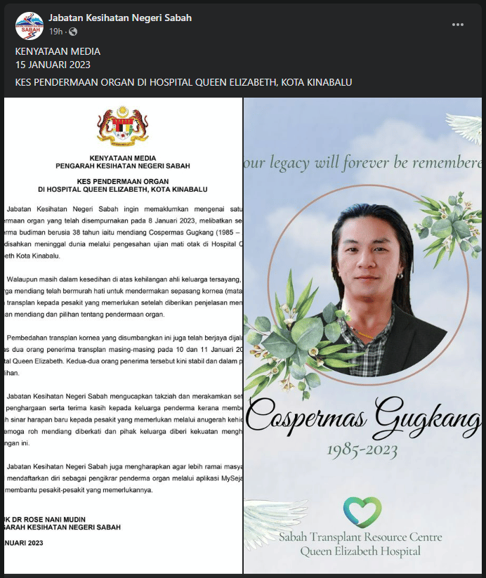 Penderma Budiman Di Sabah, Mendiang Cospermas Gugkang Derma Kornea Kepada Insan Memerlukan