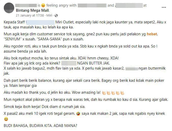 Dilayan Biadap Oleh Pekerja Sebuah Outlet Pastri Di Miri, Wanita Luah Kekecewaan Di Media Sosial