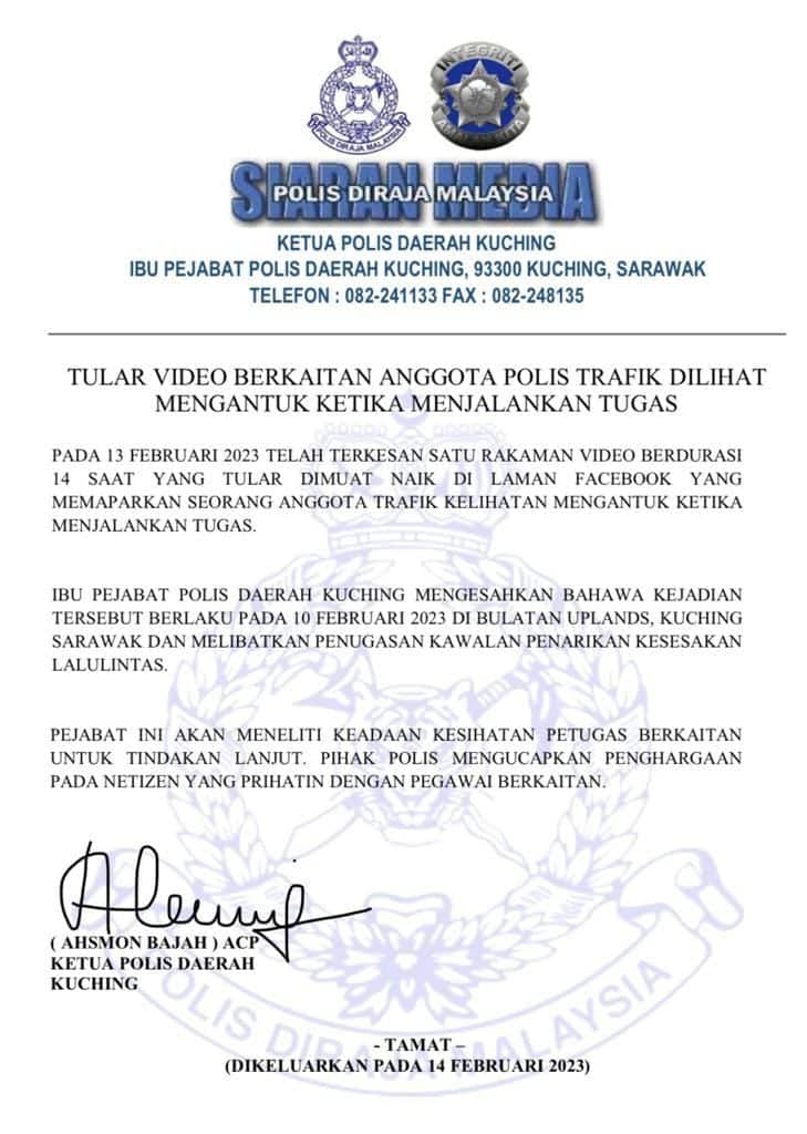 Tular Rakaman 'Abang Polis' Tertidur Berdiri Ketika Bertugas, Warga Kuching Luah Rasa Risau