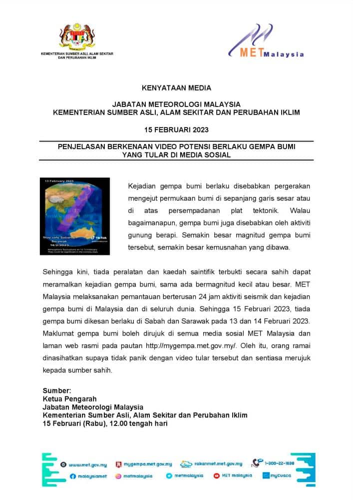Tular Ramalan Berlaku Gempa Bumi Di Sabah Sarawak Di Tiktok, Met Malaysia Tepis Dakwaan Netizen
