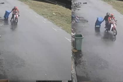 Berlaku Di Tabuan Kuching, Dua Individu Dirakam Mencuri Tong Sampah Besar Di Depan Rumah Pemilik