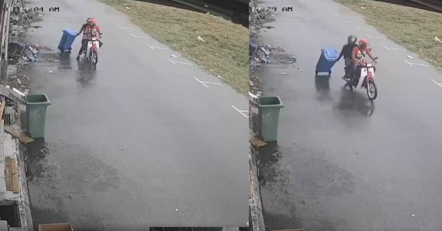 Berlaku Di Tabuan Kuching, Dua Individu Dirakam Mencuri Tong Sampah Besar Di Depan Rumah Pemilik