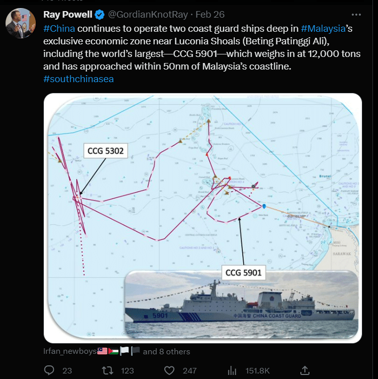Perairan Sarawak Diceroboh Lagi, Dua Kapal Pengawal China Dikesan Berlegar Di Beting Patinggi Ali