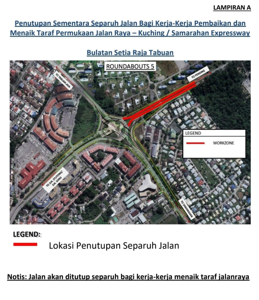 Penutupan Separuh Jalan Di Kuching-Samarahan Expressway Selama 2 Minggu Lebih Mulai Esok