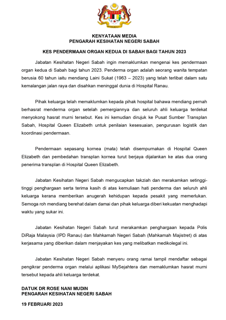 Jasa Terakhir, Mendiang Laini Sukat Hadiahkan Sepasang Kornea Mata Di Sabah