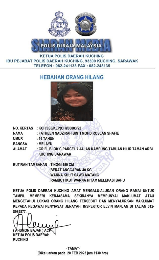 Hampir 2 Bulan Hilang, Polis Minta Orang Ramai Bantu Kesan Remaja Perempuan Dari Kuching Ini