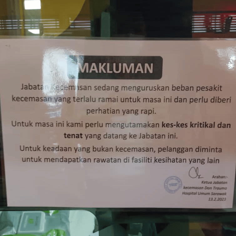 Terlalu Ramai Pesakit, HUS Keluar Notis Hanya Terima Kes Kritikal Dan Tenat Sahaja