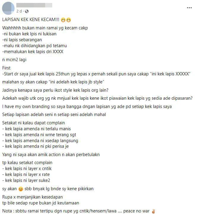 Pentingkan Rasa Dari Rupa, Sekali Netizen 1 Malaysia Sekolahkan Pengasas 'Kek Lapis JB Style' Ini