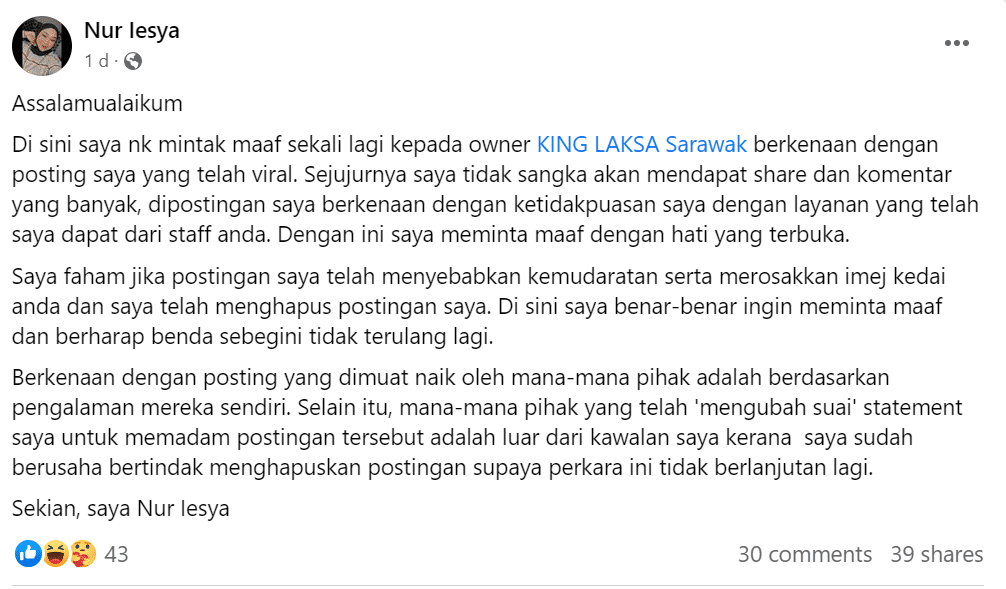 Pelanggan Keluarkan Permohonan Maaf, King Laksa Beri Amaran Saman Kepada 'Cyberbully' Di Media Sosial