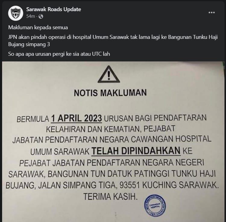 Mulai 1 April, JPN Pindahkan Operasi Dari Hospital Umum Sarawak Ke Bangunan Tunku Haji Bujang