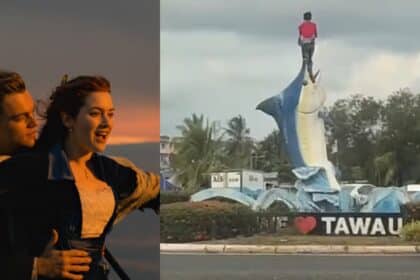 Siap Ada Lagu Titanic, Gelagat Lelaki Ini Berdiri Di Atas Tugu Ikan Di Tawau Buat Ramai Terhibur