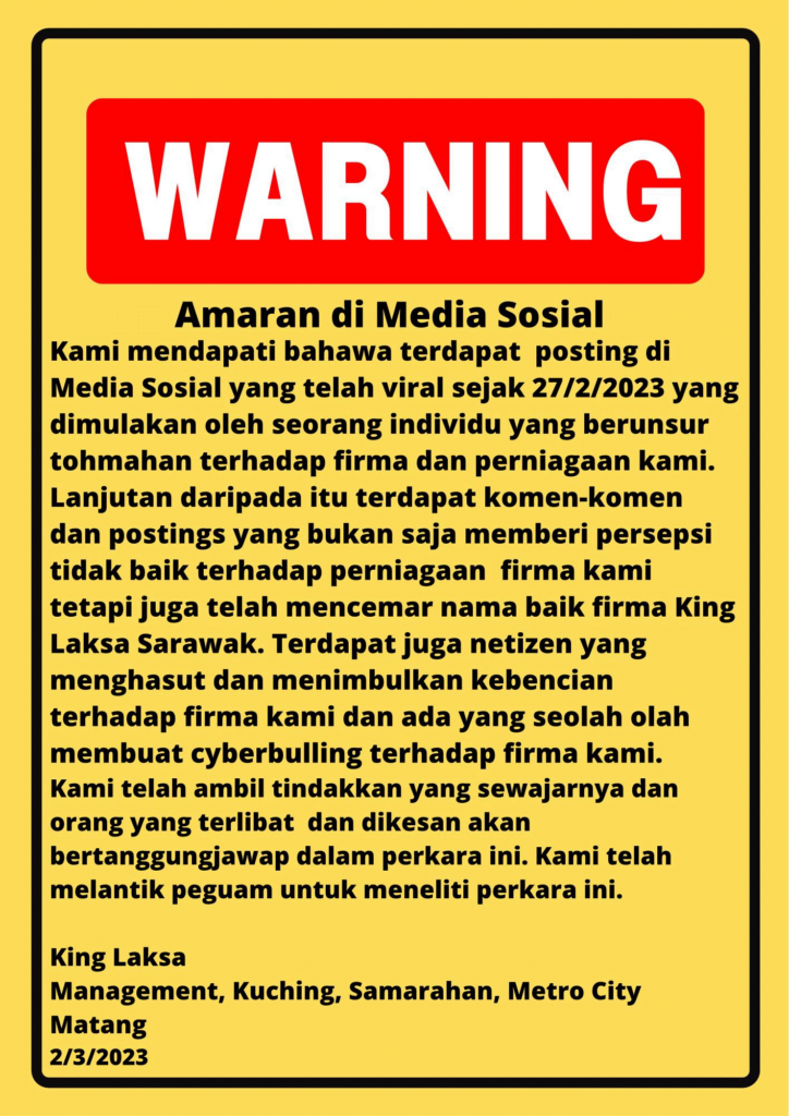 Pelanggan Keluarkan Permohonan Maaf, King Laksa Beri Amaran Saman Kepada 'Cyberbully' Di Media Sosial