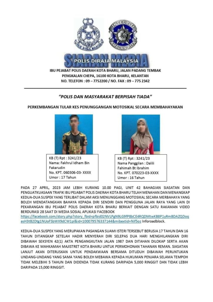 Padah Buat Aksi Wheelie, Pasangan Suami Isteri Bawah Umur Ini Berjaya Ditangkap Polis