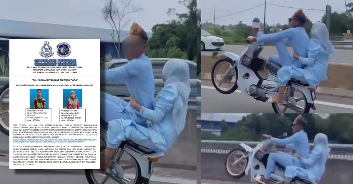 Padah Buat Aksi Wheelie, Pasangan Suami Isteri Bawah Umur Ini Berjaya Ditangkap Polis
