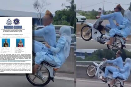 Padah Buat Aksi Wheelie, Pasangan Suami Isteri Bawah Umur Ini Berjaya Ditangkap Polis