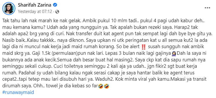 Sempat Kebas Tuala, Sharifah Zarina Kongsi 'Maid' Lari Rumah Tak Sampai Sehari Bekerja