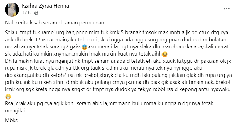 Terserempak 'Sosok Misteri' Di Taman MBKS, Perkongsian Wanita Ini Buat Netizen Seram