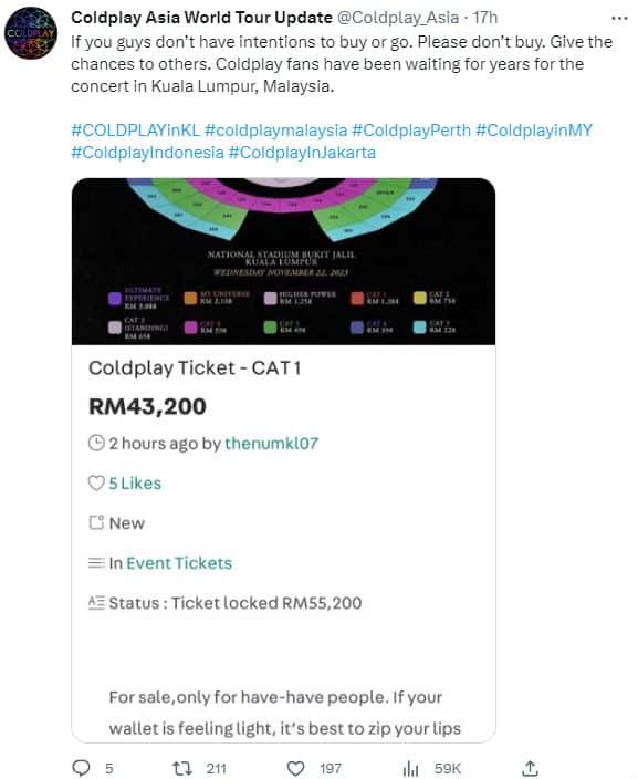 Tiket Coldplay Dijual Balik Harga RM43,200