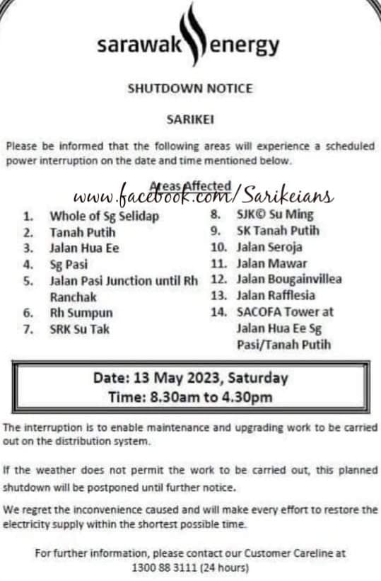 Beberapa Kawasan Di Sarikei Bakal Mengalami Gangguan Bekalan Elektrik Sehingga Petang Ini