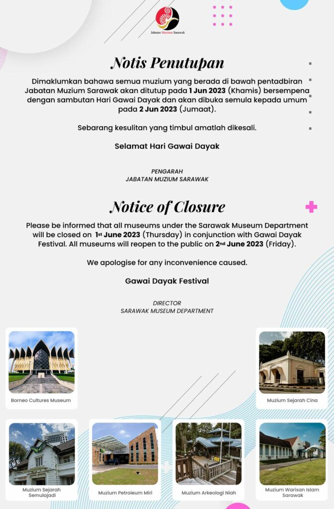 6 Muzium Di Sarawak Bakal Ditutup Esok Sempena Sambutan Hari Gawai