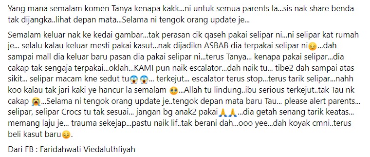 Wanita Kongsi Kisah Trauma Kaki Anak Hampir Tersepit Eskalator Gara-Gara Guna Selipar Getah