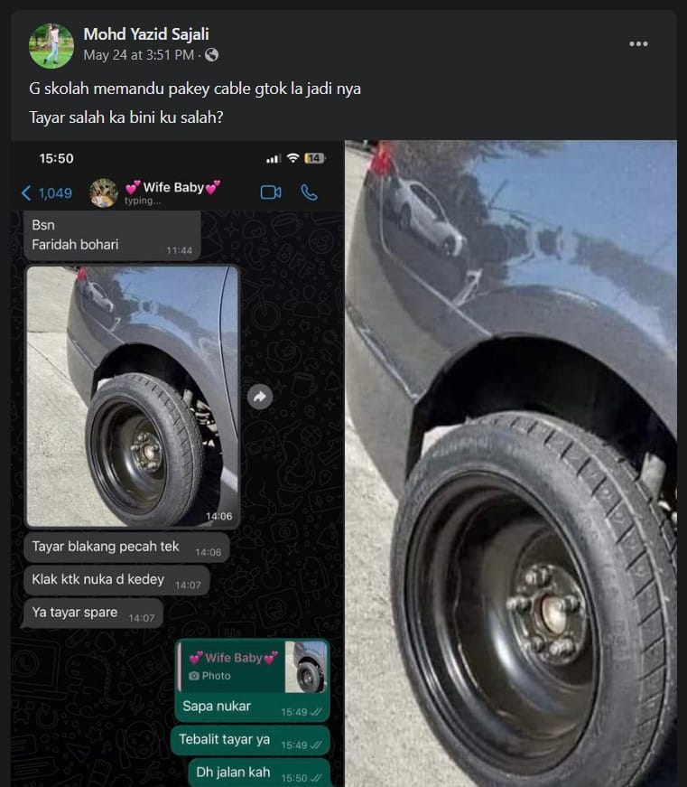 'Tayar Salah Ke Bini Aku Yang Salah?', Kongsian Lelaki Dari Kuching Ini Bikin Netizen Dekah