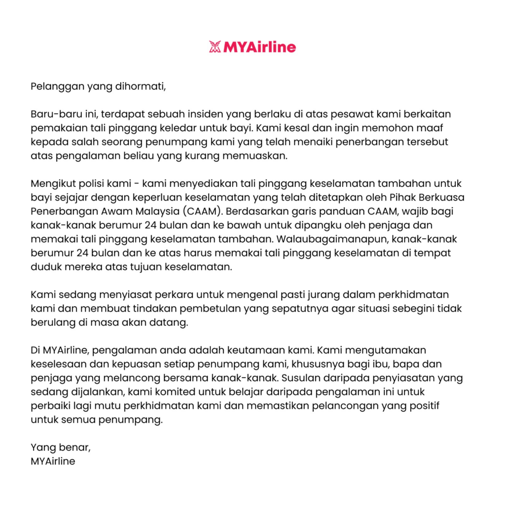 Tular Kapten 'Ugut' Halau Anak 2 Tahun Dari Pesawat, Ini Penjelasan Dari MYAirline