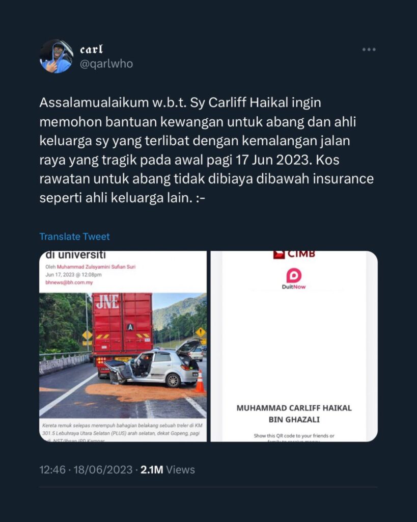 Tuduh Individu Guna Alasan Kemalangan Bawa Lari Kutipan RM55K Dari Twitter, Ini Penjelasan Sebenarnya